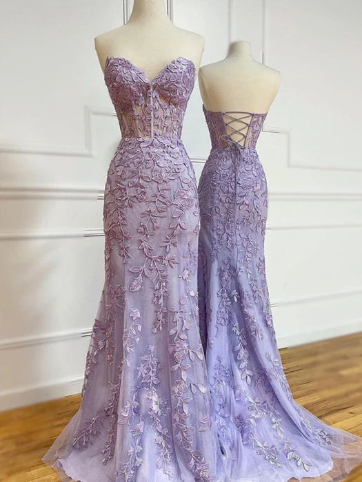 Romantic Mermaid Sweetheart Lace Lavender Floor-Length Prom Dress