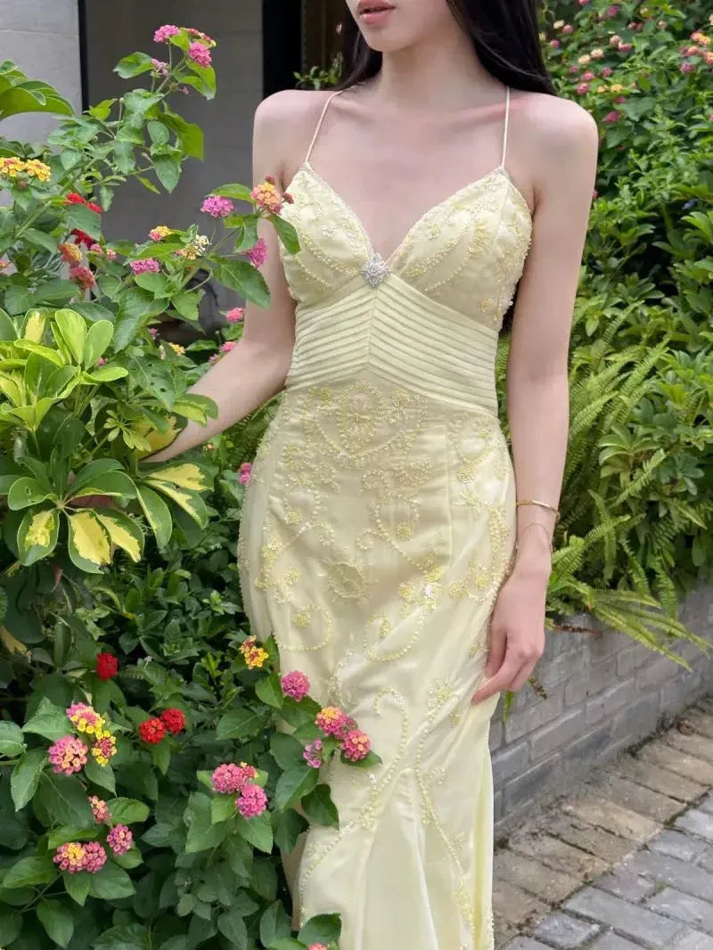 Romantic Mermaid Sweetheart Sleeveless Embellished Yellow Maxi Prom Dress for Women Custom