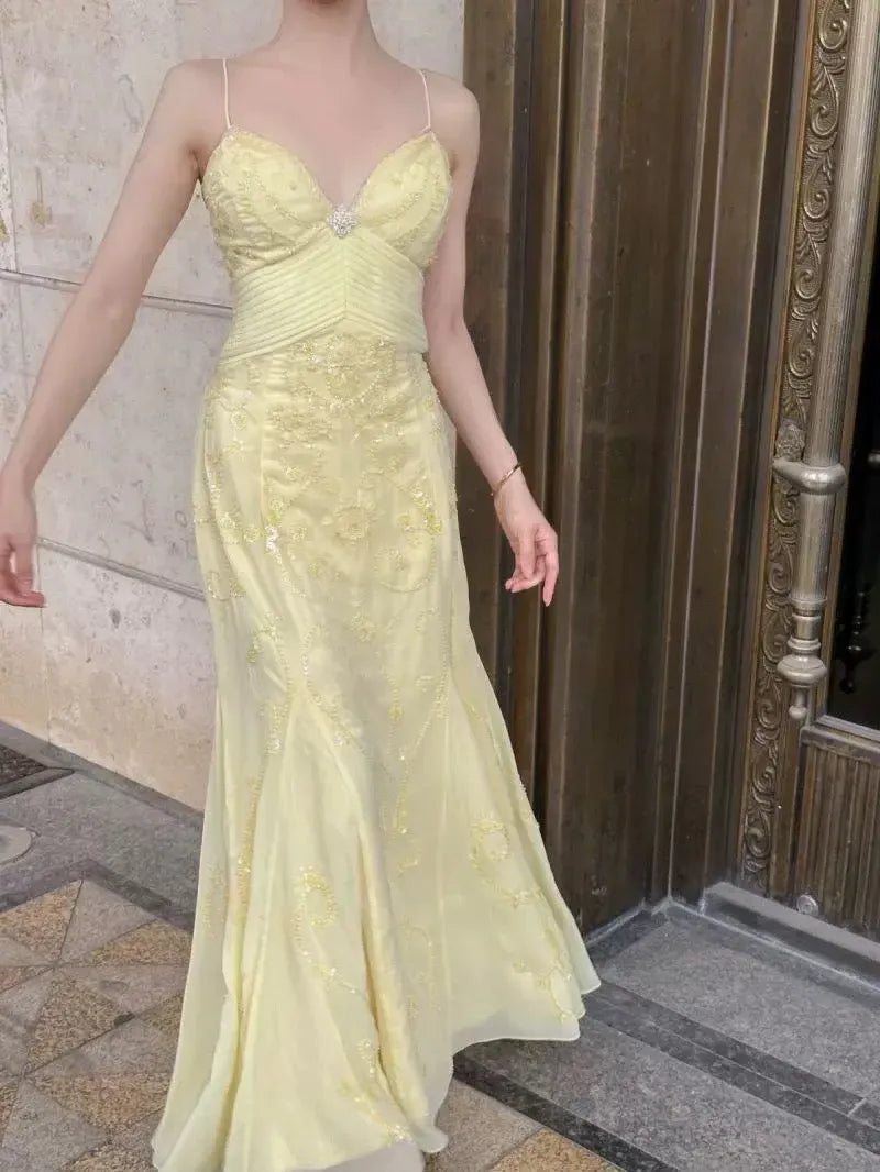 Romantic Mermaid Sweetheart Sleeveless Embellished Yellow Maxi Prom Dress for Women Custom