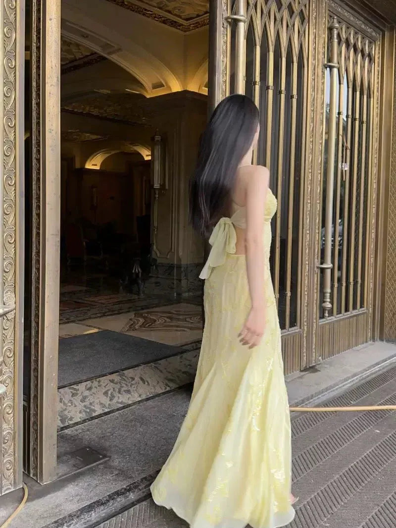 Romantic Mermaid Sweetheart Sleeveless Embellished Yellow Maxi Prom Dress for Women Custom