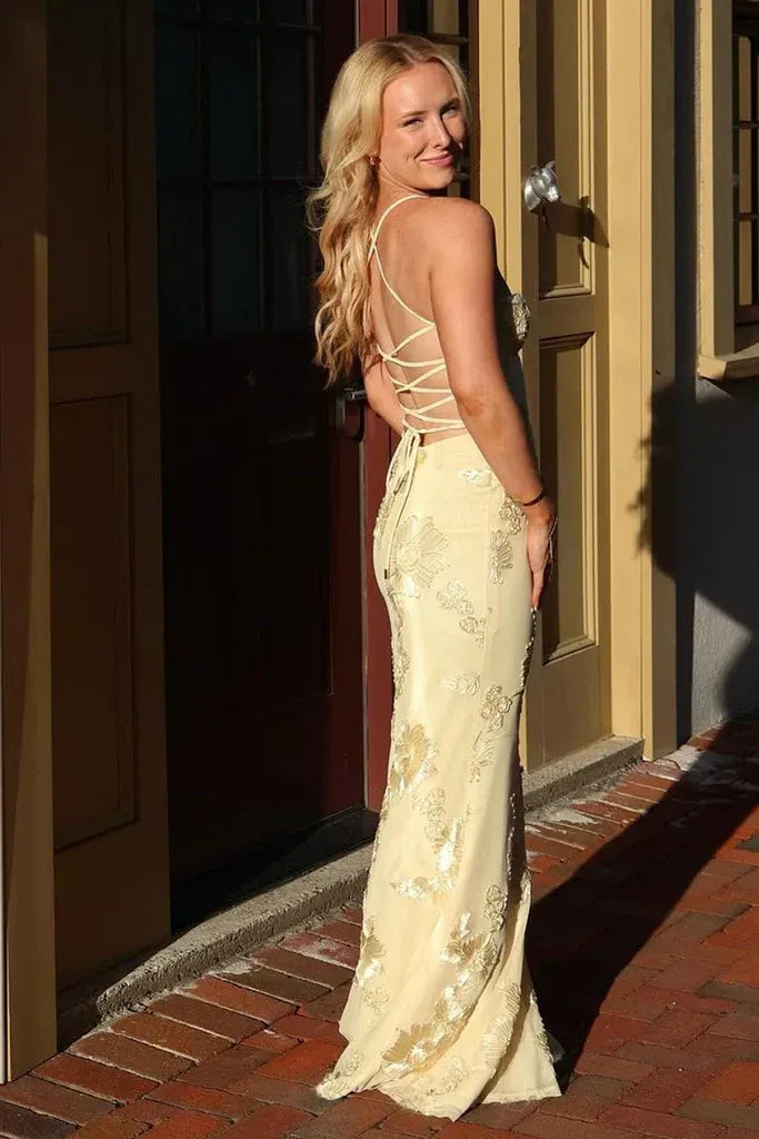 Romantic Mermaid Sweetheart Sleeveless Lace-appliqued Yellow Floor-length Prom Dress for Women Custom