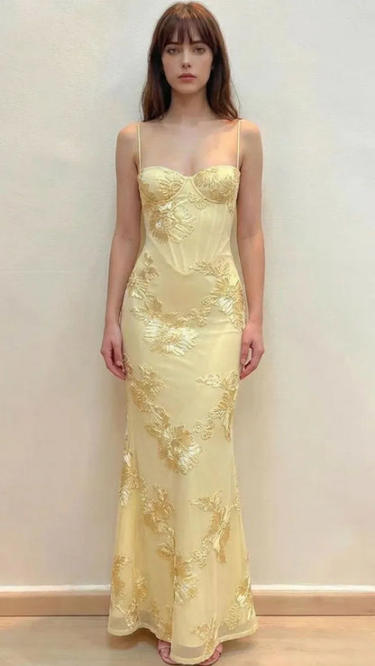Romantic Mermaid Sweetheart Sleeveless Lace-appliqued Yellow Floor-length Prom Dress for Women Custom