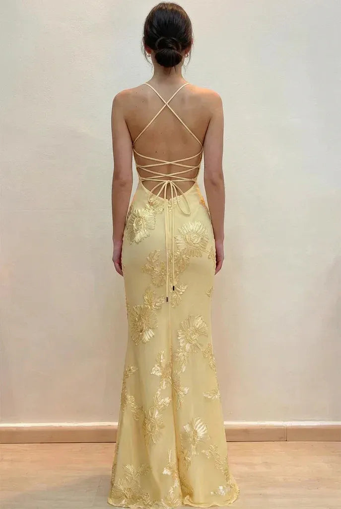 Romantic Mermaid Sweetheart Sleeveless Lace-appliqued Yellow Floor-length Prom Dress for Women Custom