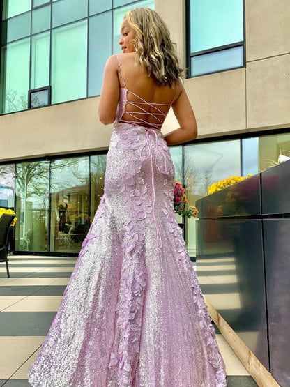 Romantic Mermaid Sweetheart Spaghetti Strap 3D Floral Lavender Prom Dress