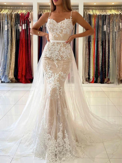 Romantic Mermaid Sweetheart Spaghetti Strap Lace Ivory Prom Dress