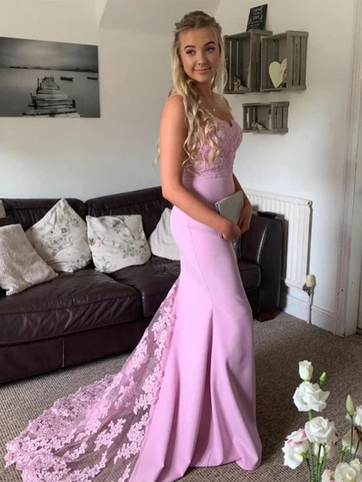 Romantic Mermaid Sweetheart Spaghetti Strap Lace Pink Prom Dress