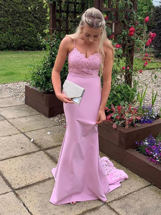 Romantic Mermaid Sweetheart Spaghetti Strap Lace Pink Prom Dress