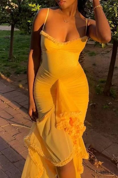 Romantic Mermaid/Trumpet Spaghetti Straps Sleeveless Chiffon Lace Up Floor-Length Prom Dress