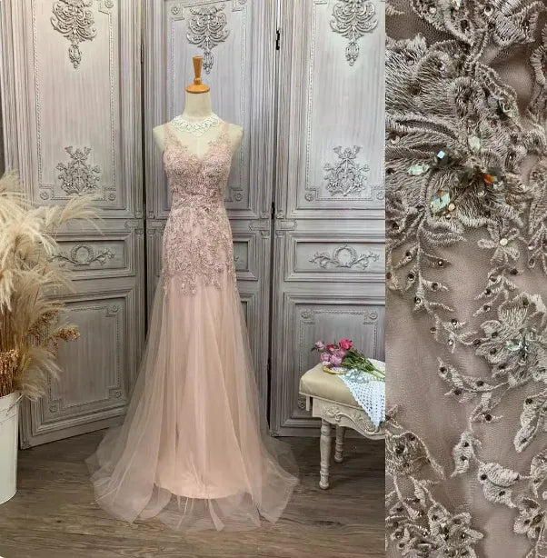 Romantic Mermaid V-neck Sleeveless Lace Blush Pink Maxi Prom Dress for Women Custom
