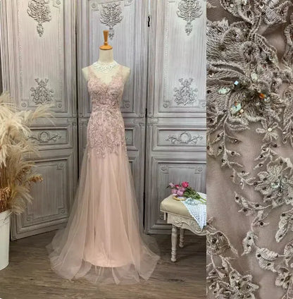 Romantic Mermaid V-neck Sleeveless Lace Blush Pink Maxi Prom Dress for Women Custom