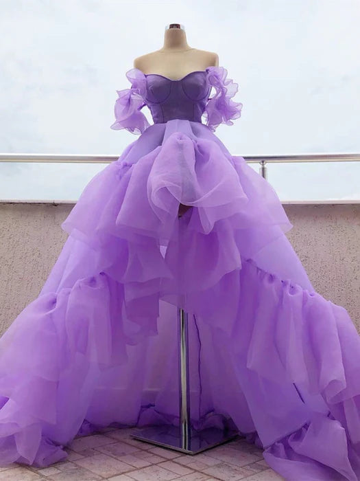 Romantic Off-Shoulder Puff Sleeve Lavender High-Low Party Dress