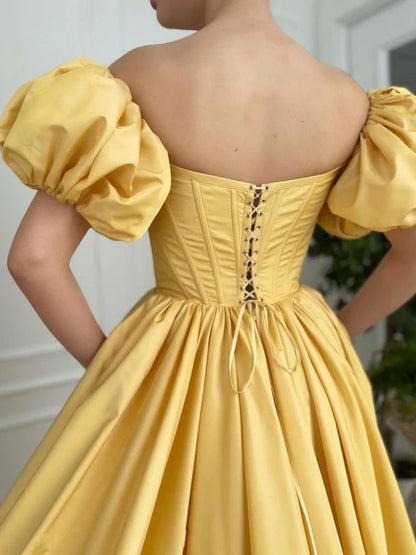 Romantic Off-Shoulder Puff Sleeve Yellow Floor-Length Party Dress