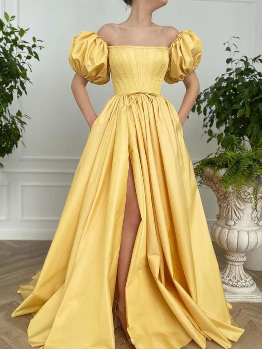 Romantic Off-Shoulder Puff Sleeve Yellow Floor-Length Party Dress