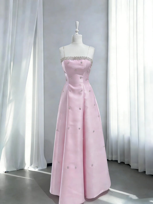 Romantic Pink A Line Spaghetti Strap Beaded Satin Party Gown