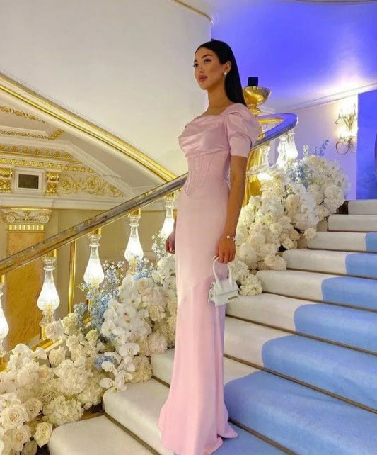 Romantic Satin Long Evening Dress Blush Pink Off-Shoulder Puff Sleeve for Women