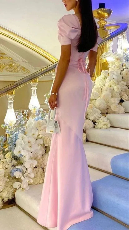 Romantic Satin Long Evening Dress Blush Pink Off-Shoulder Puff Sleeve for Women