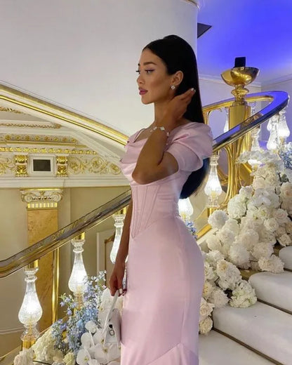 Romantic Satin Long Evening Dress Blush Pink Off-Shoulder Puff Sleeve for Women
