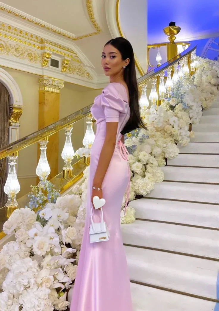 Romantic Satin Long Evening Dress Blush Pink Off-Shoulder Puff Sleeve for Women
