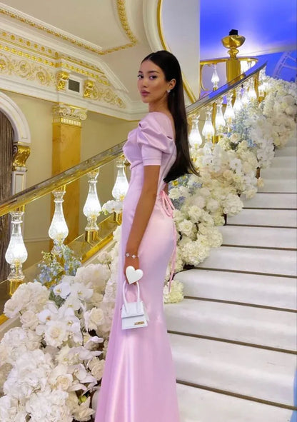 Romantic Satin Long Evening Dress Blush Pink Off-Shoulder Puff Sleeve for Women