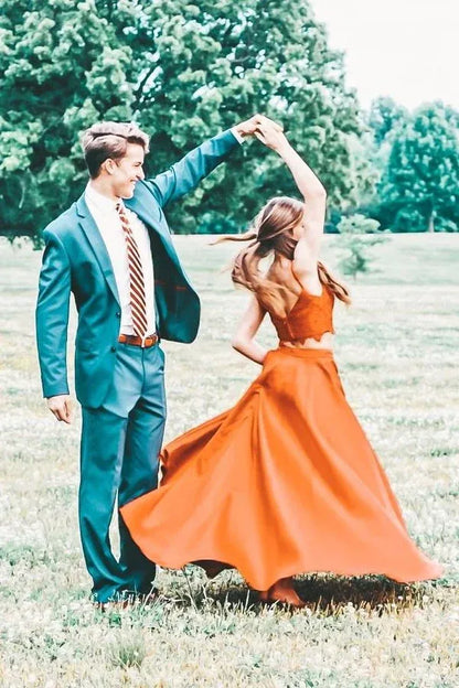 Romantic Satin Two-Piece Maxi Evening Dress Orange Deep V Spaghetti Straps for Women