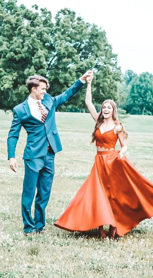 Romantic Satin Two-Piece Maxi Evening Dress Orange Deep V Spaghetti Straps for Women