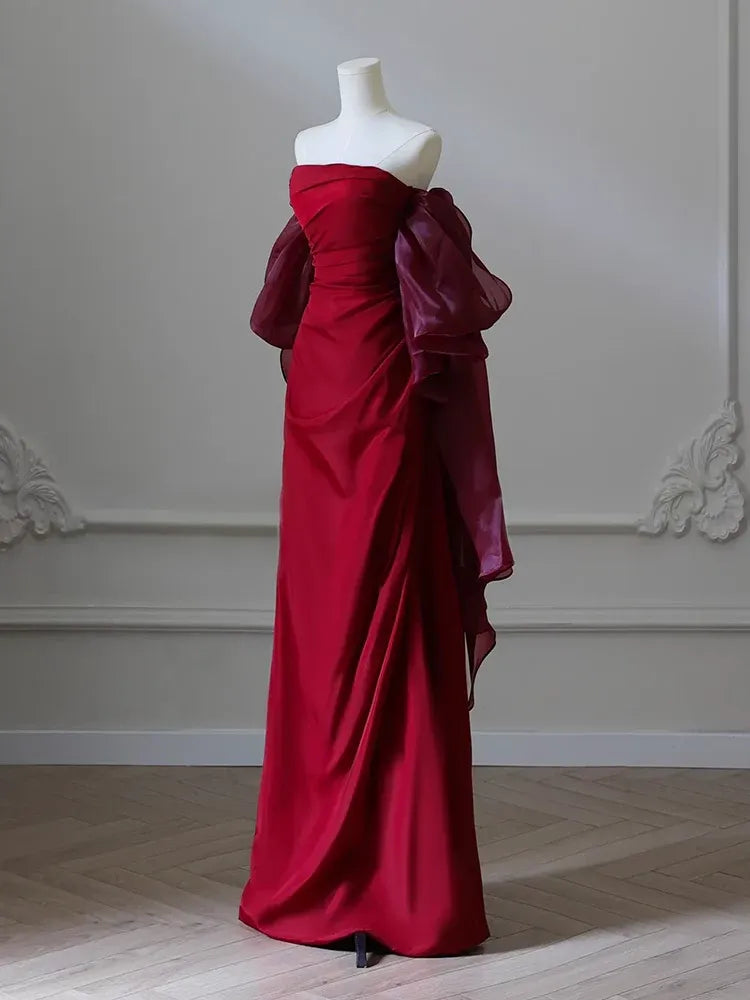 Romantic Sheath Off-Shoulder Sleeveless Ruffled Burgundy Maxi Prom Dress for Women Custom