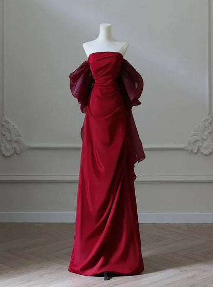Romantic Sheath Off-Shoulder Sleeveless Ruffled Burgundy Maxi Prom Dress for Women Custom