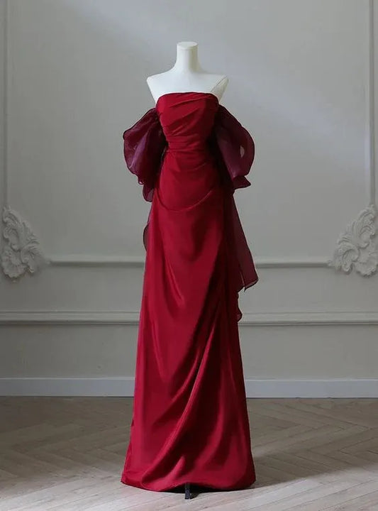 Romantic Sheath Off-Shoulder Sleeveless Ruffled Burgundy Maxi Prom Dress for Women Custom