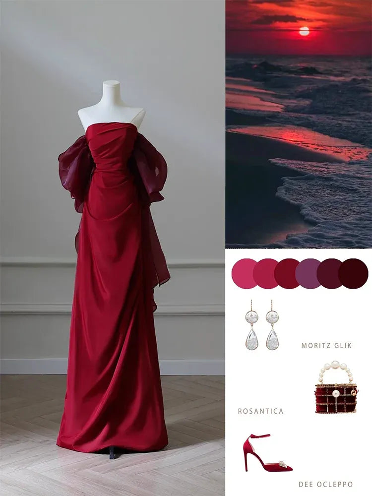 Romantic Sheath Off-Shoulder Sleeveless Ruffled Burgundy Maxi Prom Dress for Women Custom