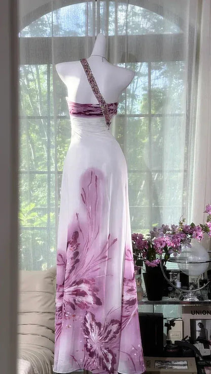 Romantic Sheath One-Shoulder Sleeveless Floral White Purple Maxi Prom Dress for Women Ready to Ship
