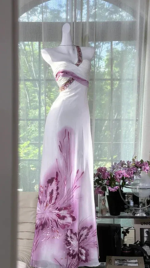 Romantic Sheath One-Shoulder Sleeveless Floral White Purple Maxi Prom Dress for Women Ready to Ship