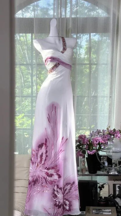 Romantic Sheath One-Shoulder Sleeveless Floral White Purple Maxi Prom Dress for Women Ready to Ship