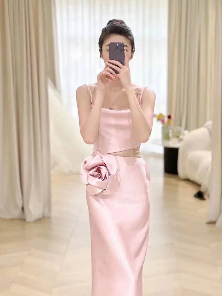 Romantic Sheath Square Neck Sleeveless Rosette Blush Pink Maxi Prom Dress for Women Custom