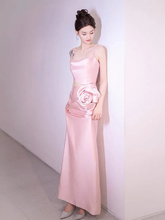 Romantic Sheath Square Neck Sleeveless Rosette Blush Pink Maxi Prom Dress for Women Custom