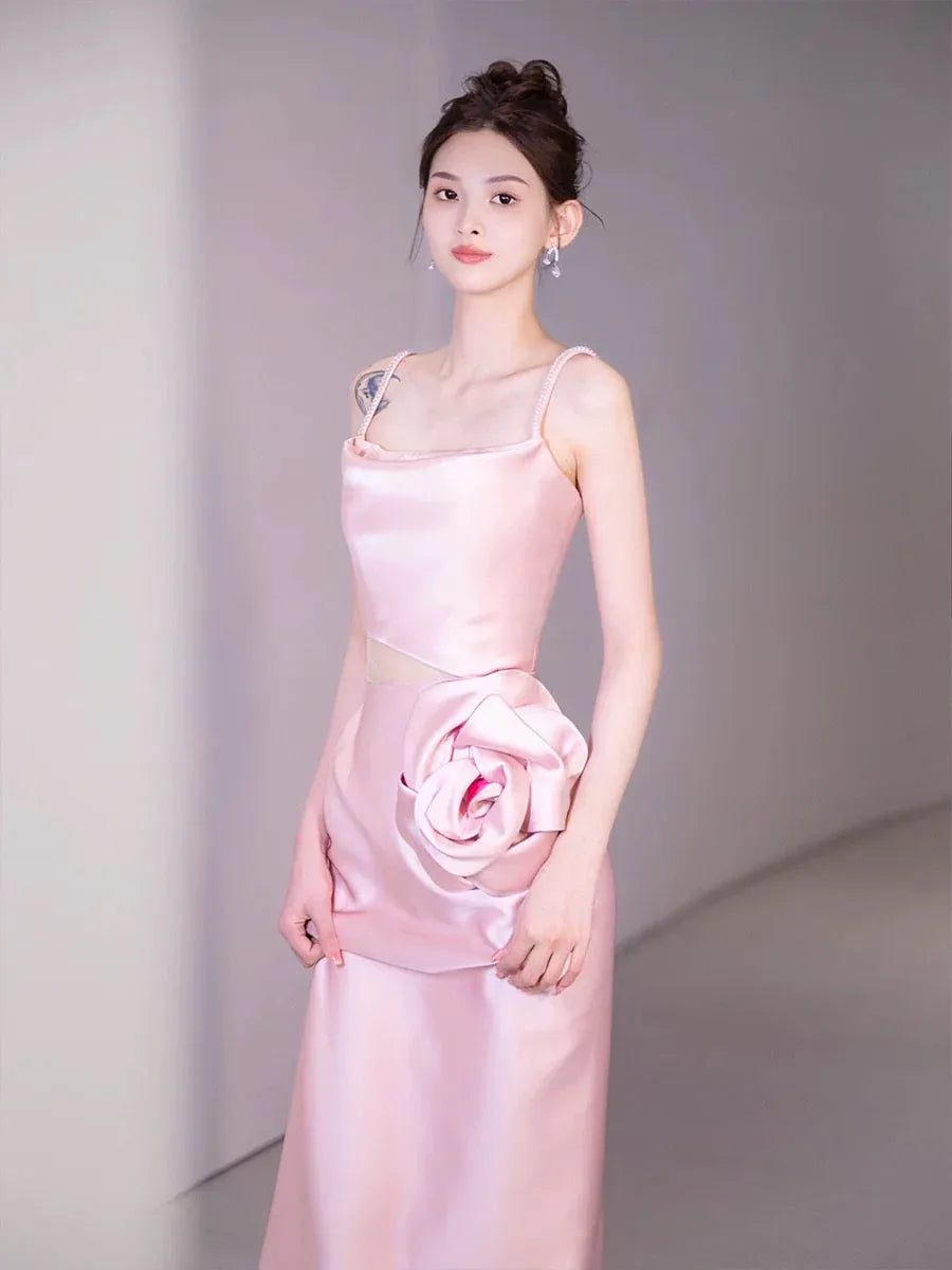 Romantic Sheath Square Neck Sleeveless Rosette Blush Pink Maxi Prom Dress for Women Custom