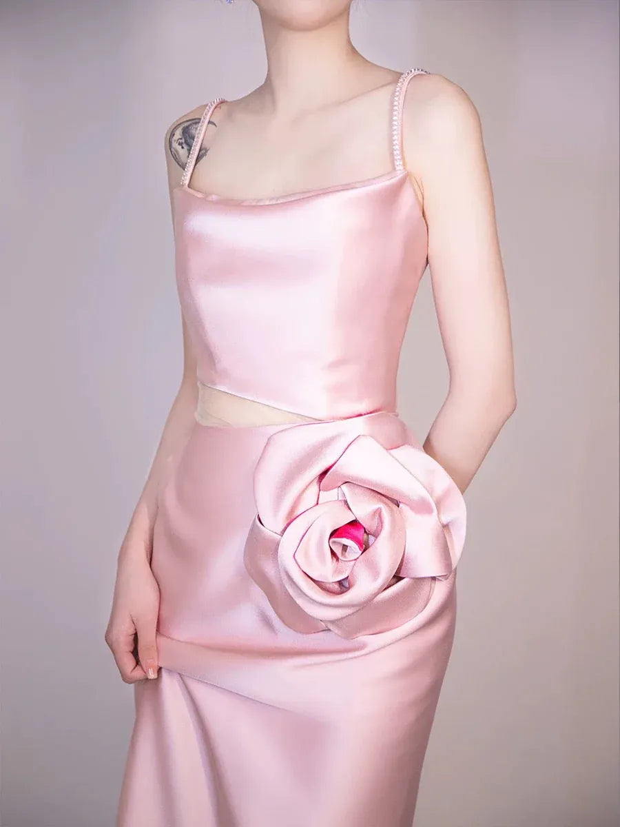Romantic Sheath Square Neck Sleeveless Rosette Blush Pink Maxi Prom Dress for Women Custom