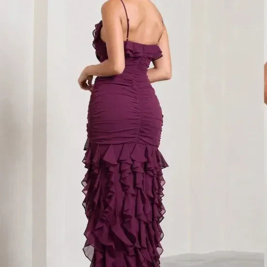 Romantic Sheath Sweetheart Sleeveless Ruffled Chiffon Burgundy Maxi Evening Dress for Women