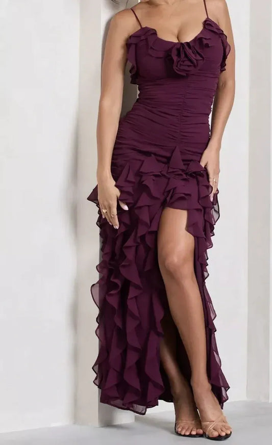 Romantic Sheath Sweetheart Sleeveless Ruffled Chiffon Burgundy Maxi Evening Dress for Women