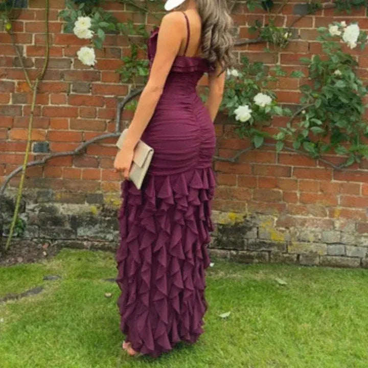 Romantic Sheath Sweetheart Sleeveless Ruffled Chiffon Burgundy Maxi Evening Dress for Women