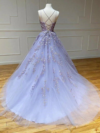Romantic Square Neck Spaghetti Strap Lace Lavender Prom Dress