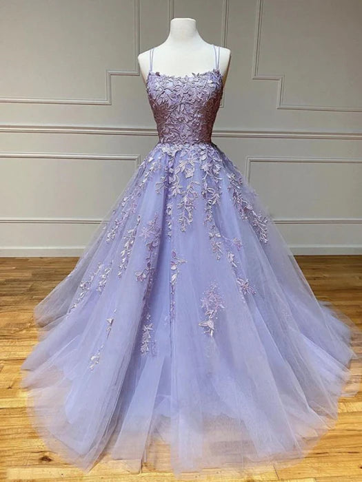 Romantic Square Neck Spaghetti Strap Lace Lavender Prom Dress