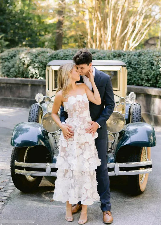 Romantic Strapless Floral Applique White Maxi Prom Dress For Sale