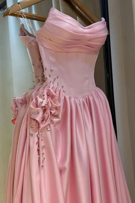 Romantic Strapless Sleeveless Beaded Pink Floor-Length Party Dress