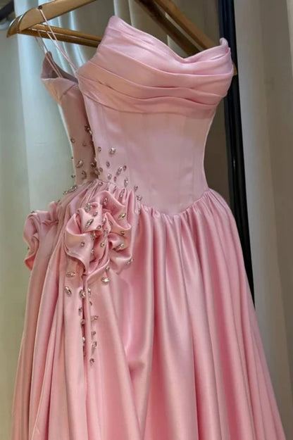 Romantic Strapless Sleeveless Beaded Pink Floor-Length Party Dress