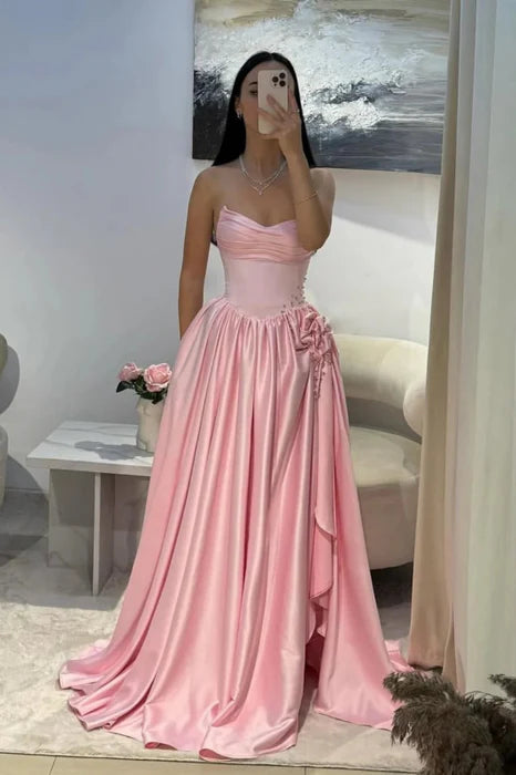Romantic Strapless Sleeveless Beaded Pink Floor-Length Party Dress