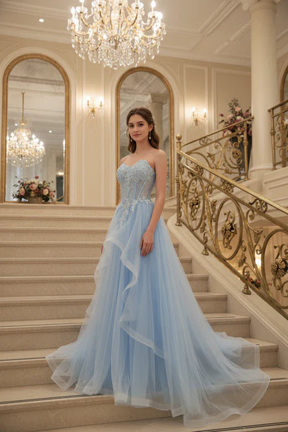 Romantic Strapless Sleeveless Lace Tulle Floor-Length Party Dress