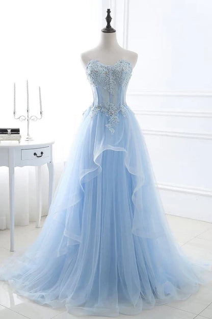 Romantic Strapless Sleeveless Lace Tulle Floor-Length Party Dress