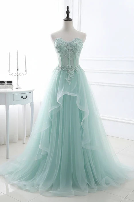 Romantic Strapless Sleeveless Lace Tulle Floor-Length Party Dress