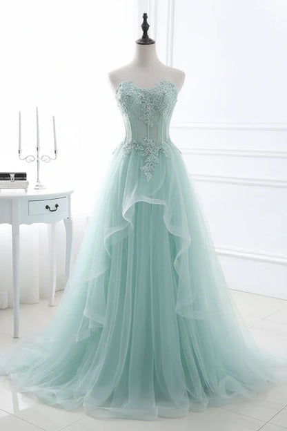 Romantic Strapless Sleeveless Lace Tulle Floor-Length Party Dress