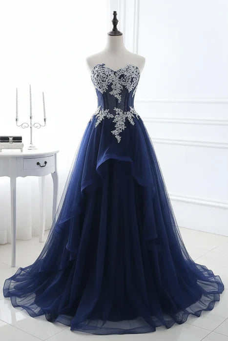 Romantic Strapless Sleeveless Lace Tulle Floor-Length Party Dress